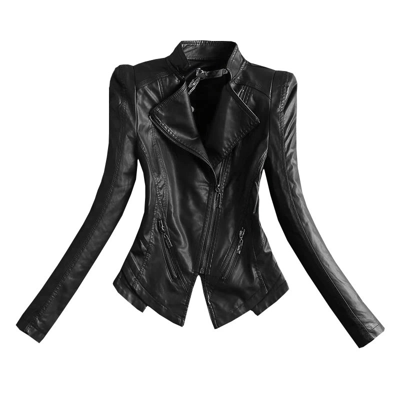 2024 Spring New Sle Women's Biker Jaet Thiened Stand Collar Waist Inward ort PU Leather Coat Outerwear Faion Trend