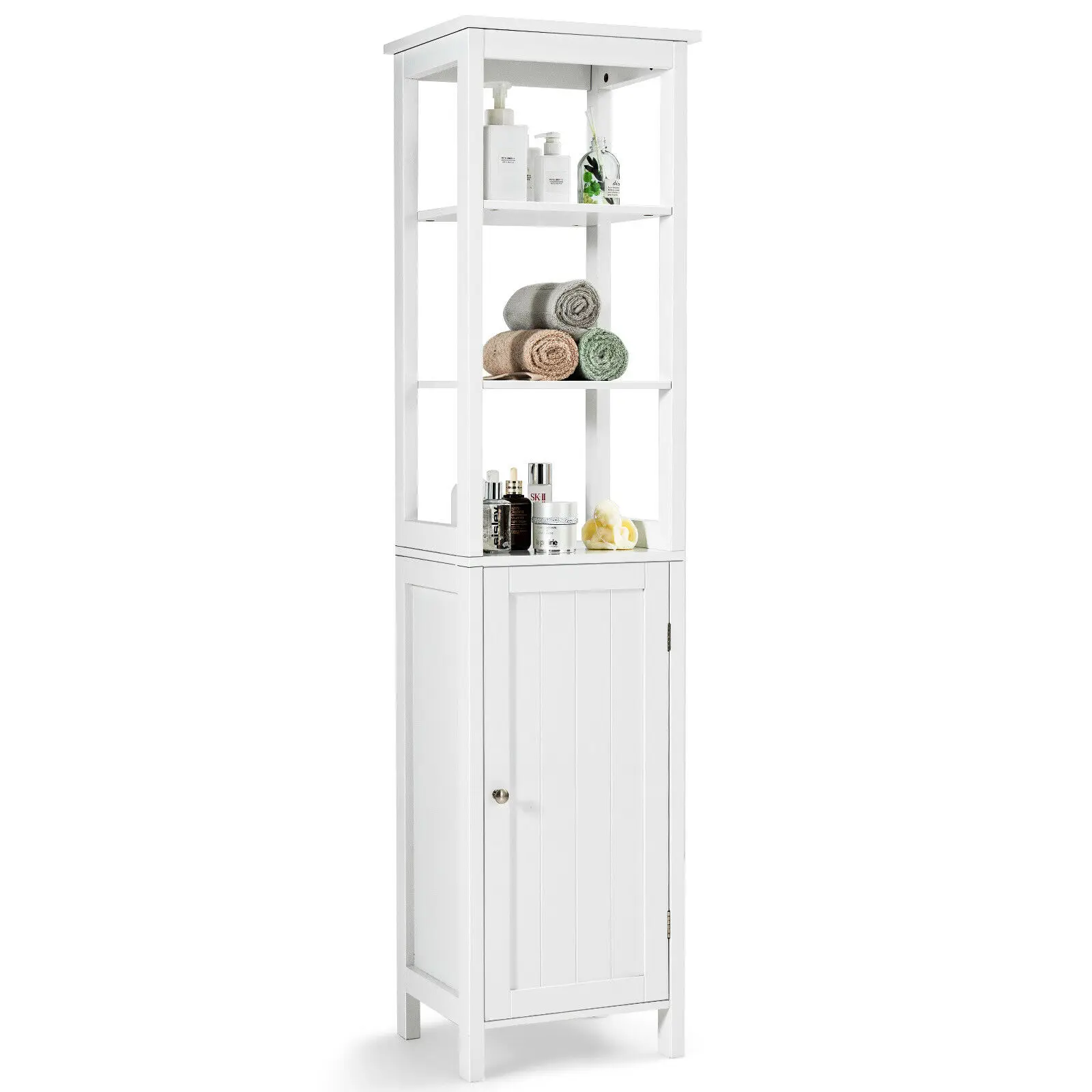 Bathroom Floor Storage Cabinet Freestanding Linen Tower W/ 3-Tier Shelf & Door  HW66819WH