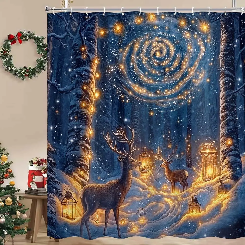 

Winter Christmas Shower Curtain, Xmas Holiday Fabric Bathroom Bathtubs Decor, Christmas Reindeer Starry Sky Snowy Scenery