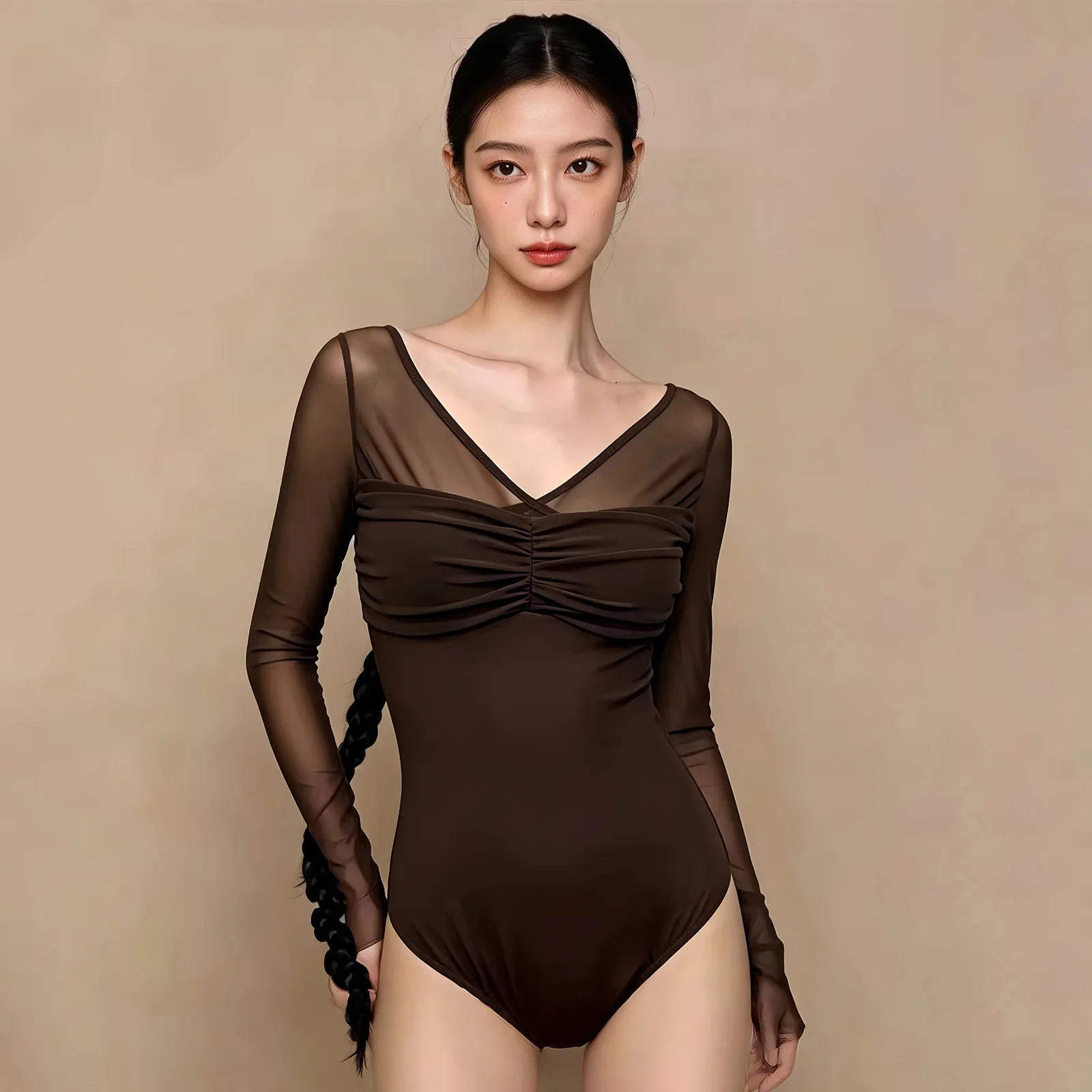 USHINE Women Long Sleeve Mesh Splice Ballet Leotard V Neck Ruched Bodysuit Adult Gymnastics Dance Training Wear