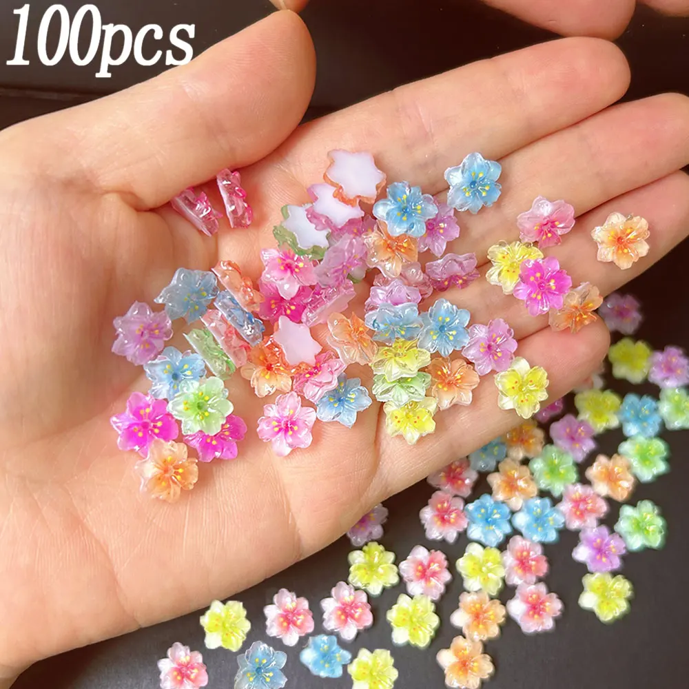100PC 3D Mixed Gradient Flowers Nail Rhinestones 10mm Ice Translucent Cherry Blossom Nail Charms Resin Colorful Floral Nail Part