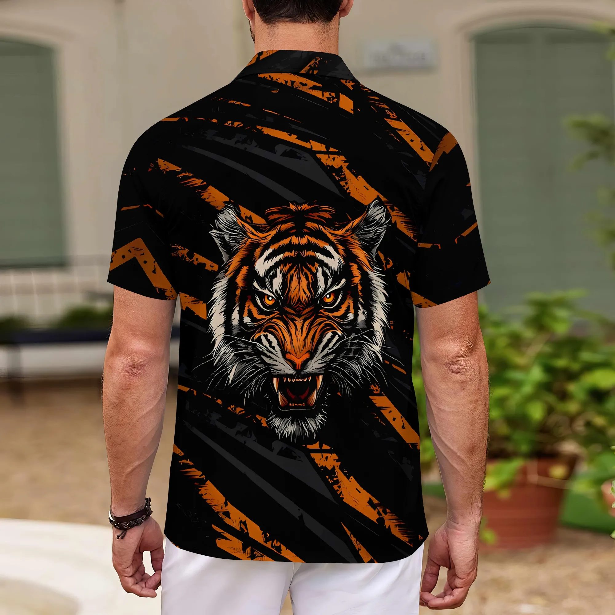 YEAE Men's Tiger Head Print Shirt Short Sleeve Regular Size