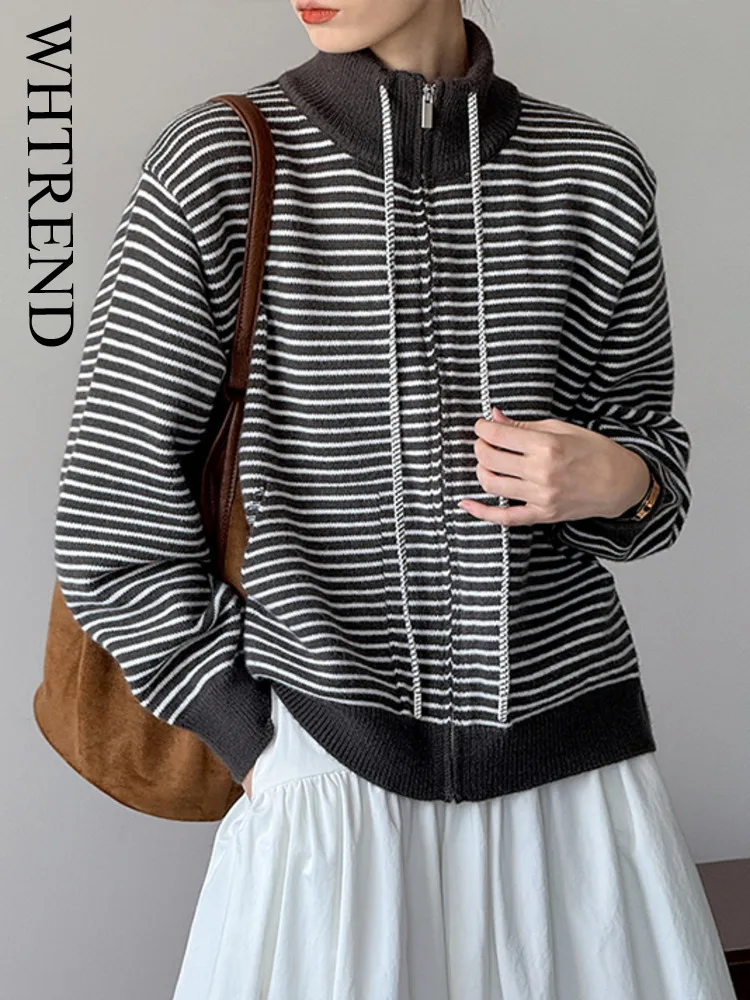 

WHTREND Striped Zipper Cardigan For Women Color Block Long Sleeves Knitted Sweater Female Casual Autumn Winter WH1748