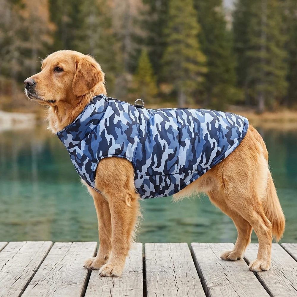 Winter Warm Clothes for Medium Large Dogs Windproof Padded Dog Vest Jacket with D-ring Fashion Camouflage Print Labrador Outfits