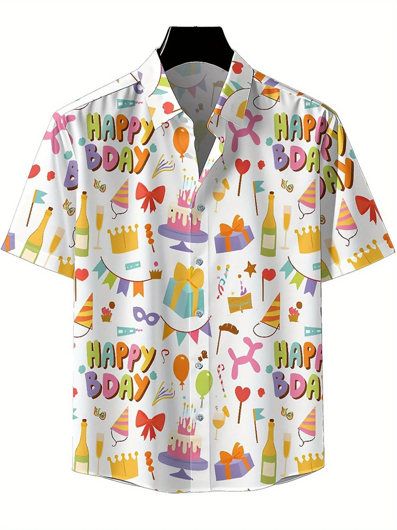 メンズプラスサイズアロハシャツカラフルな誕生日要素パターン、夏のカジュアルトップス、アウトドアやパーティー、ストリートウェアに最適