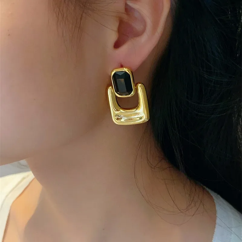 Vintage Geometric Metal Smooth Square Crystal Earrings for Women Europe And America Personality Exaggerated Party Jewelry Gifts - view 2
