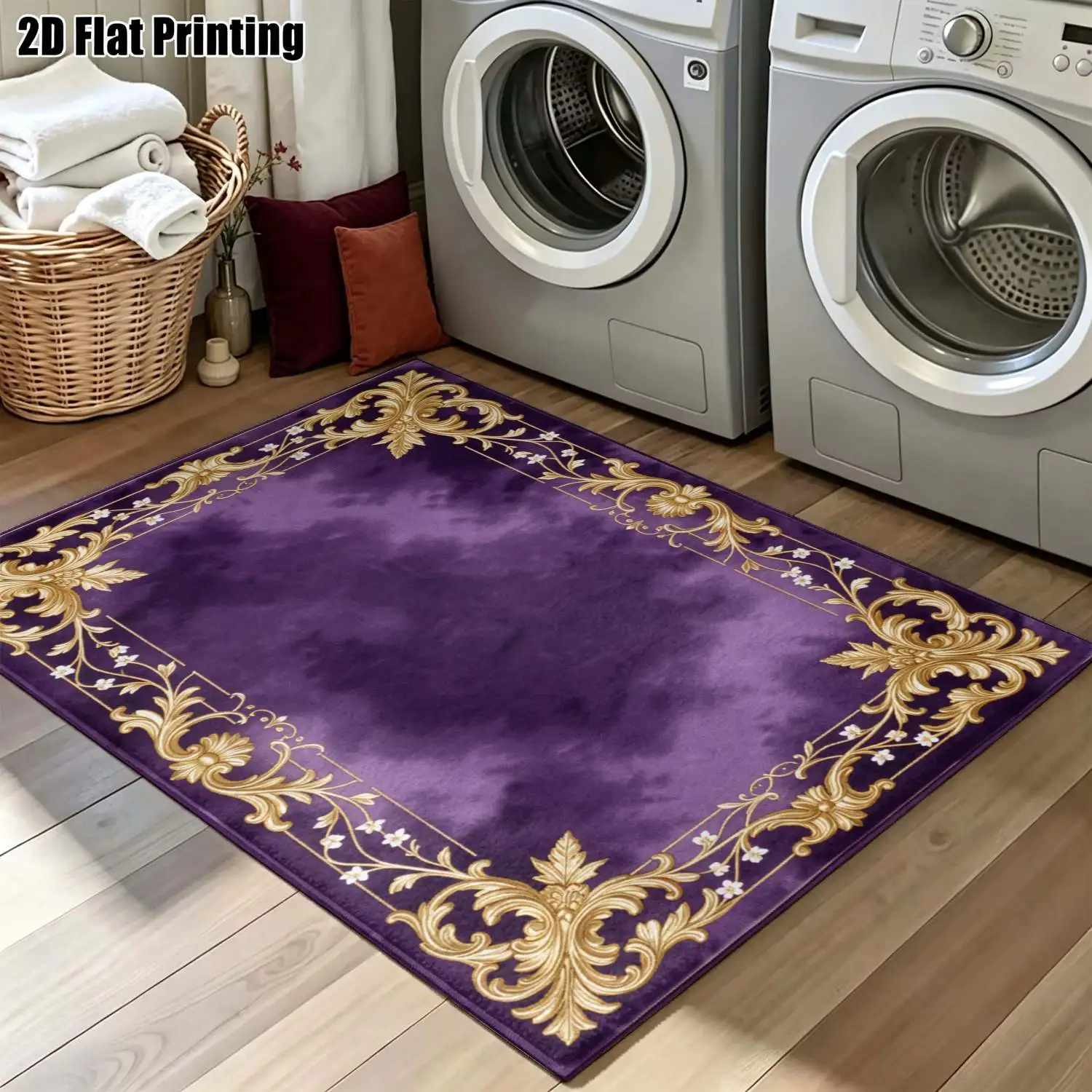 1Pc 2D Printed Carpet: Purple Base, Gold Edging, Scrolling Floral Pattern European/Vintage Style, Home Decor, Multi-Size, Machine Washable, Suitable for Various Room Mats.