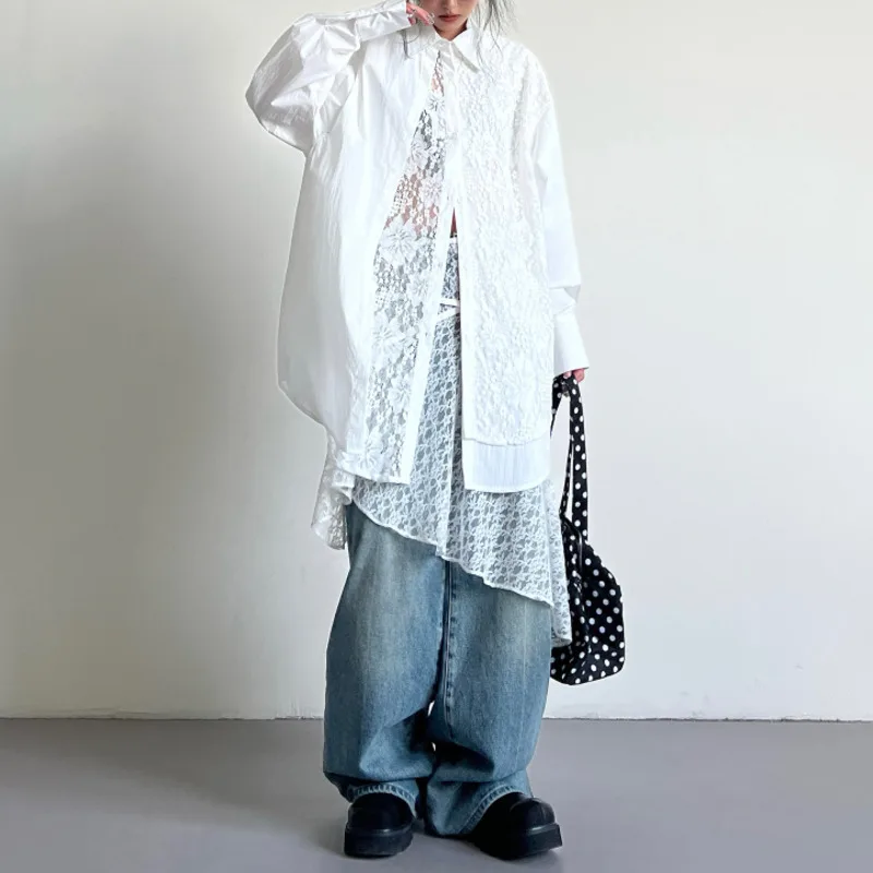 BJTZ Weiße Spitze Patchwork Gefälschte Zwei-stück Langarm Shirt Für Frauen Frühling Sommer 2025, Neue Designer Schwere Industrie lose Top
