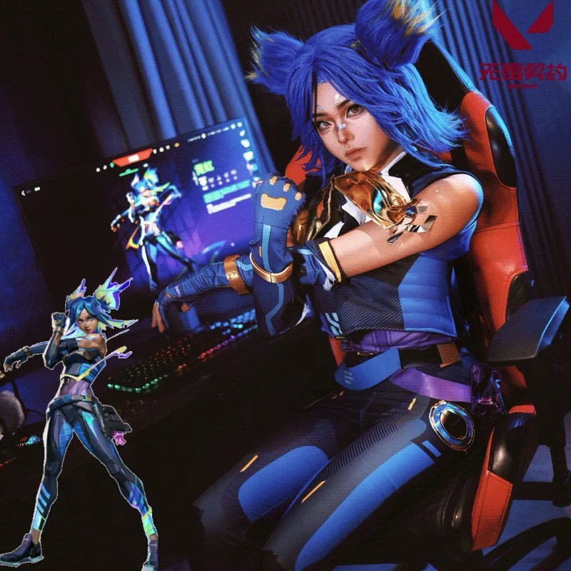 

Neon Valorant Cosplay Costume Anime Game Outfit Full Set Black Blue Combat Uniform Crop Top Pants Choker For Women Stage