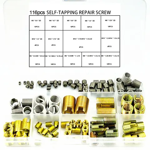 M4*0.7*1.5DWire Thread Insert Stainless Steel 304 Wire Screw Sleeve, M4 Screw Bushing Helicoil Wire Thread Repair Inserts 14 와이어 인서터 나사 수리 키트 116 피스, 셀프 태핑 스레드 와이어 수리 도구 키트, 골드 실버 하우징 포함