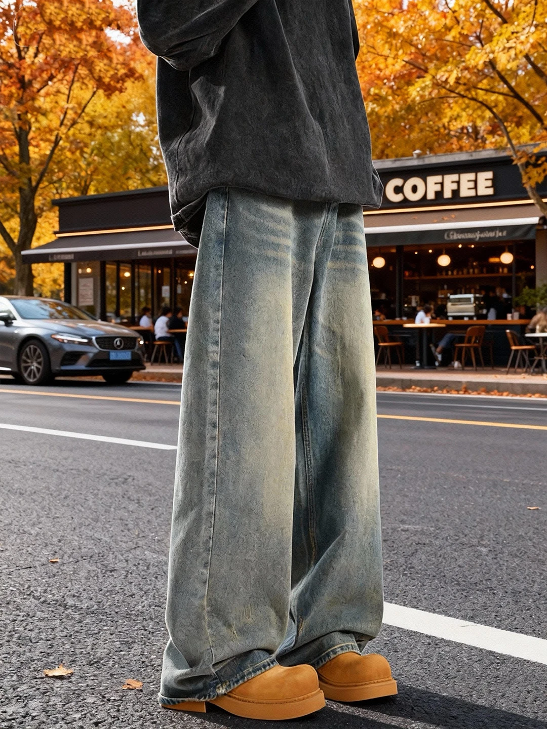 

Американские ретро-джинсы синего цвета с прямыми штанинами, мужские осенне-зимние флисовые свободные брюки с широкими штанинами, повседневные брюки Cleanfit для подростков