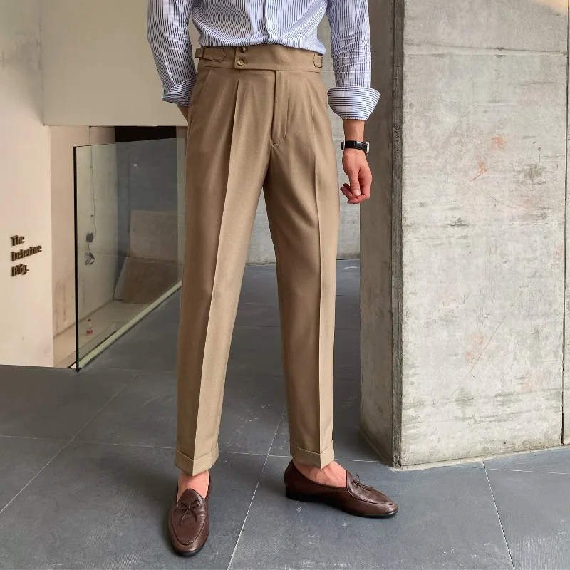 

KIDWHXR Men Suit Pant British Style High Waist Pleated Male Trousers Loose Straight Simple Breathable Business Casual Man Pant