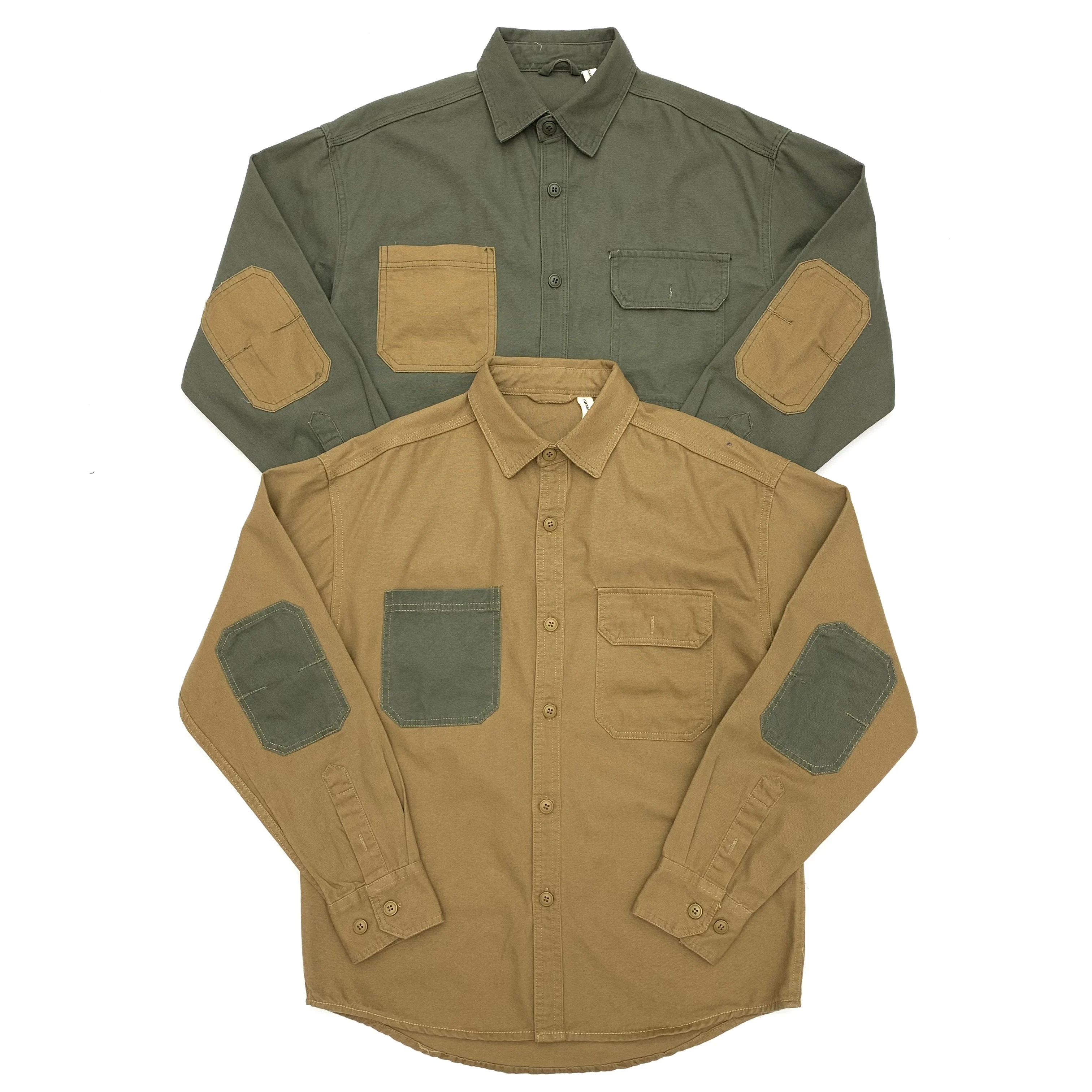 2025 Autumn New American Retro Heavyweight Long-Sleeve Lapel Canvas Splicing Cargo Shirt Men's Fashion Washed Casual Blouses