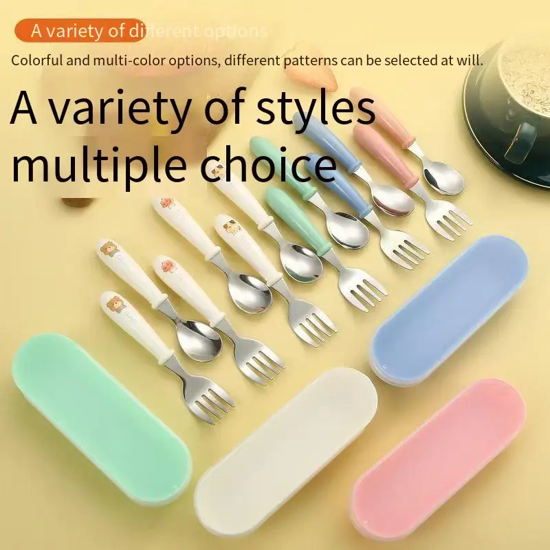 

Cartoon 304 stainless steel children's spoon and fork box three-piece set, baby tableware round handle spoon and fork