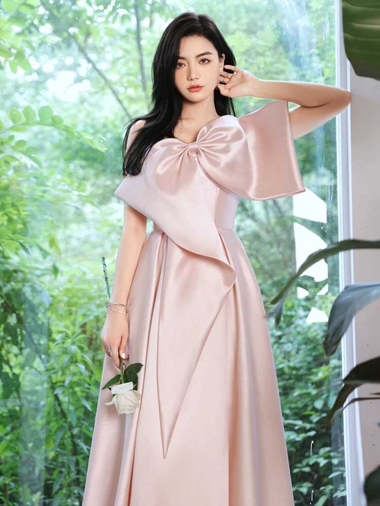 

One Shoulder Big Bow Long Party Wedding Dresses Pink Elegant Women Satin A-Line Evening Dress Light Luxury Formal Occasion Dress