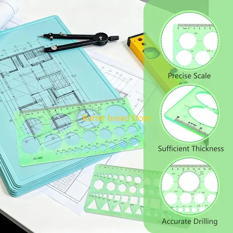 W89C 4Pcs Clear Plastic Geometric Stencils Multifunctional Circlular and Oval Drawing Templates Ruler for Architects Students