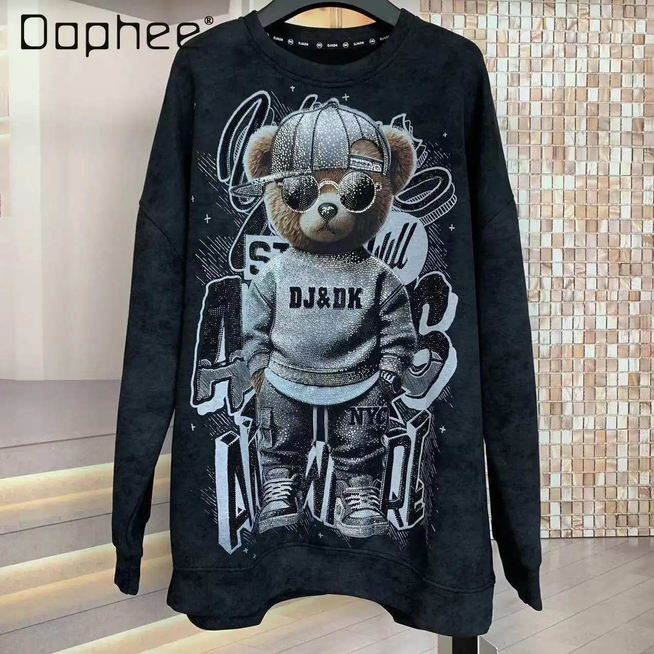 

Heavy-duty Diamond Hat Bear Large Version Loose Fashion Round Neck Sweatshirt Top Spring and Autumn New Unisex Streetwear Women
