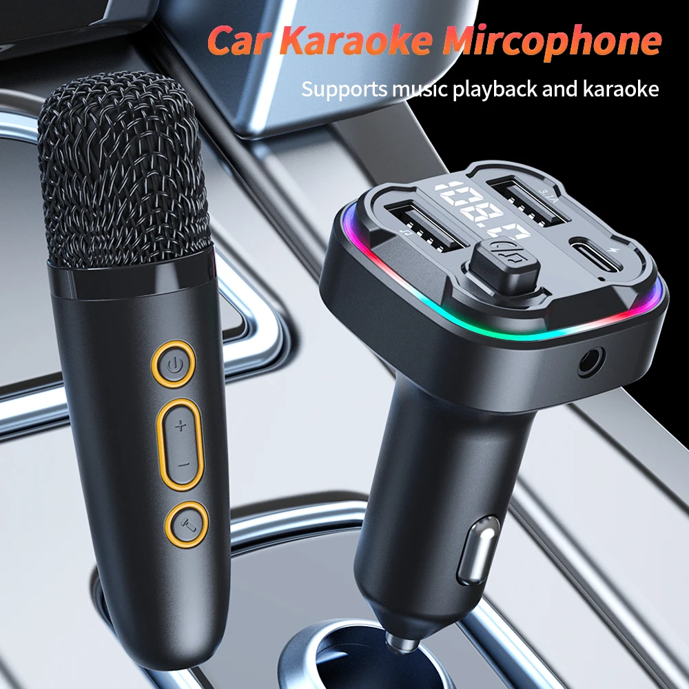 Bluetooth 5.3 FM Transmitter AUX Car Radio Modulator MP3 Player Handsfree Adapter With Karaoke Mircophone USB Charge For Car