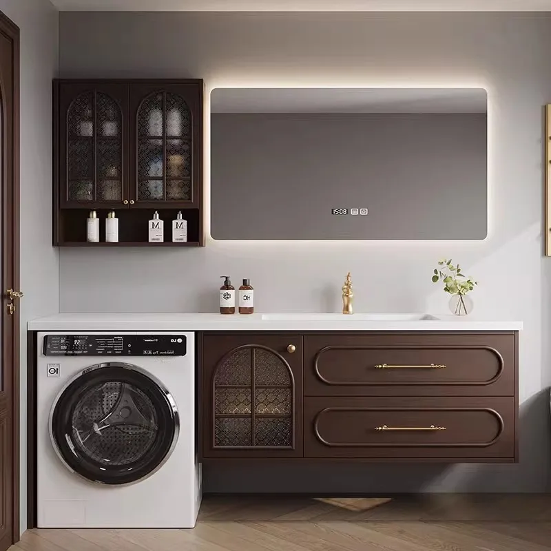 

Hongfu Jiayue antique bathroom cabinet, washing machine integrated cabinet combination, bathroom rock slab integrated washstand