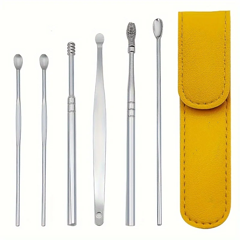 6Pcs Stainless Steel Ear Pick Set Portable Keychain Design Household Ear Care Daily Grooming Accessory