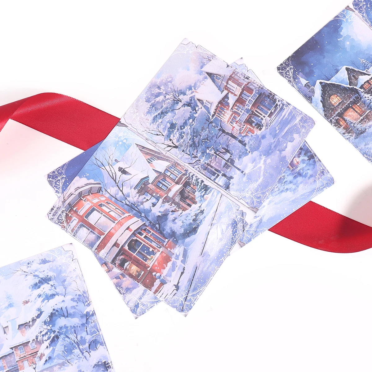 ロマンチックな雪のクリスマスをテーマにした紙、1パック8枚入り、家や雪の景色が描かれ、DIYスクラップブックの装飾に最適です。