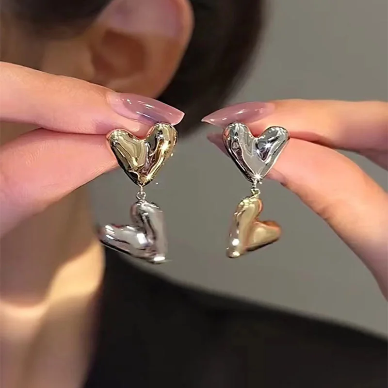 Contrast Gold Silver Color Simple Love Heart Metal Drop Earrings for Women Korean Fashion 2023 Punk Earrings Party Jewelry