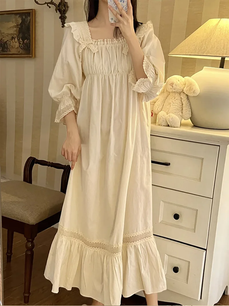 Vintage Women\'s Sleepwear Princess Dress Royal Style Cotton Square Neck Pajamas Sleepshirts Hollow out Lace Nightgowns Nightwear