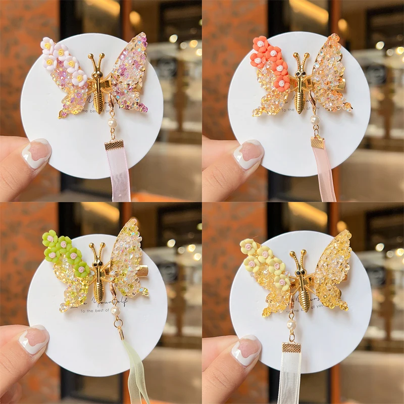 2023 New Children Summer Butterfly Rhinestone Hairpin Clip Sweet Pearl Ancient Style Barrettes Hairpins Kids Hair Accessories