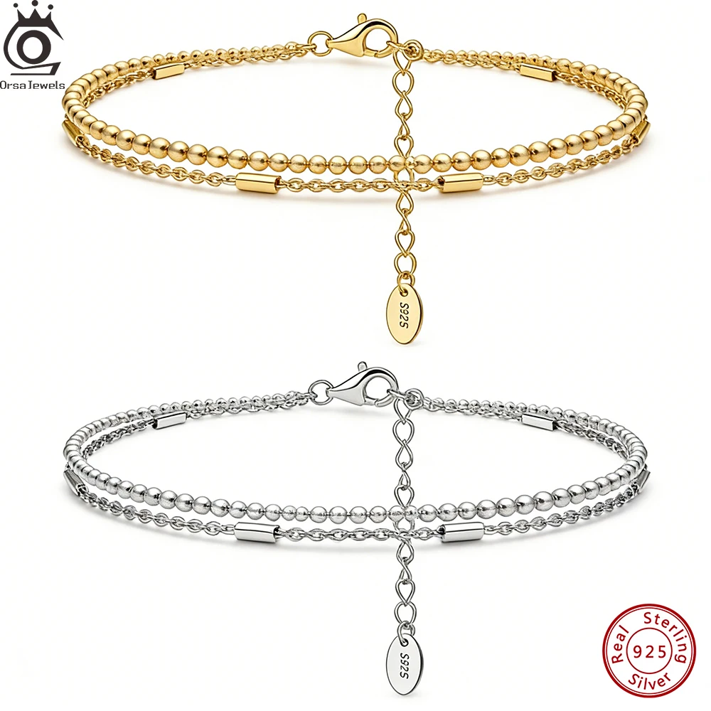 

ORSA JEWELS Двухслойный браслет из стерлингового серебра 925 пробы с горизонтальной планкой для женщин, модная элегантная цепочка на руку, ювелирные изделия SB219