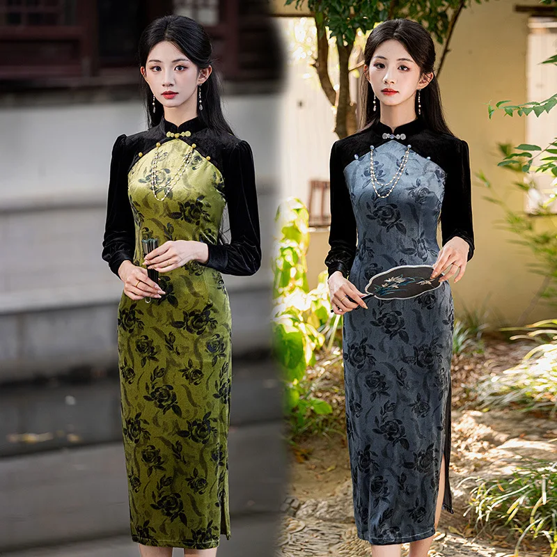 

Old Shanghai New Chinese style Long style Improved Cheongsam Young Girl Retro Slim fit Long sleeved Autumn/Winter Dress Qipao