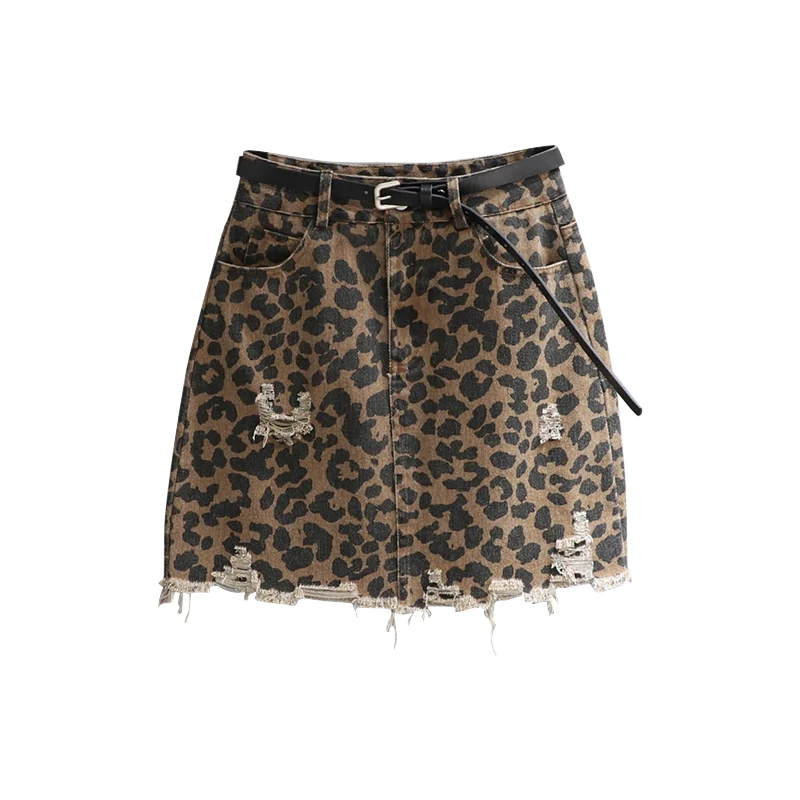 Leopard Denim Skirt Women 2024 New Summer Fashion All-match High Waist Hole Tassel Wrap Buttocks Slim Short A-line Mini Skirt