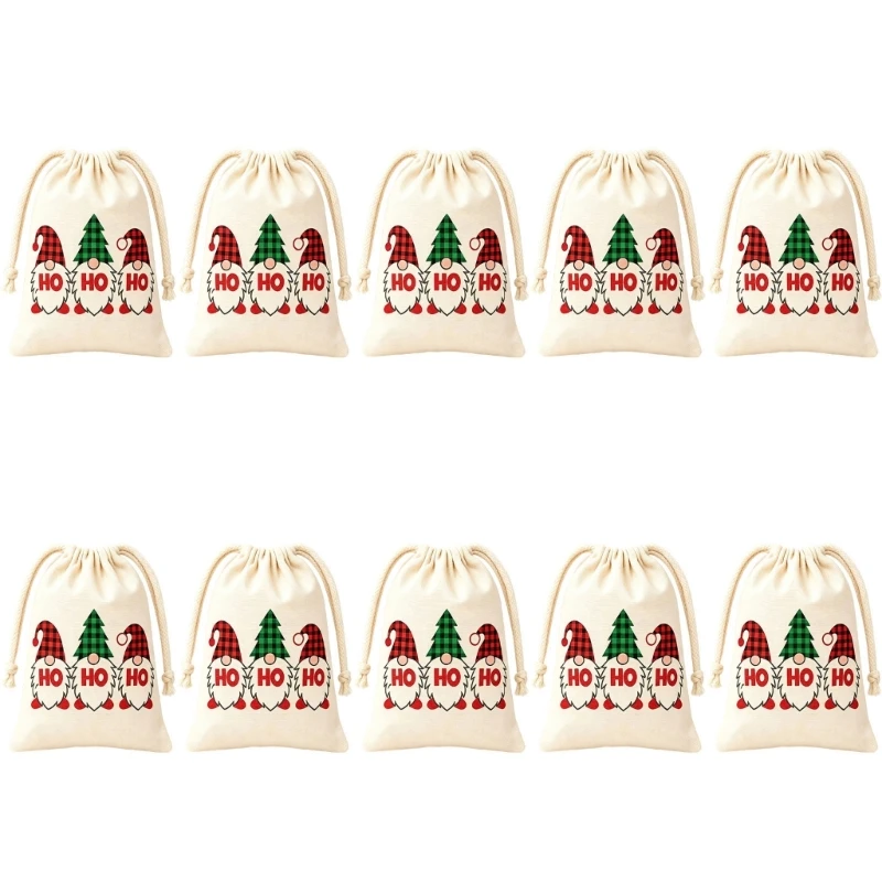 E1PC Fabric Christmas Gift Bags for Small Gifts, Set of 10 Cord-Closure Sacks with Holiday Character and Christmas Tree Print