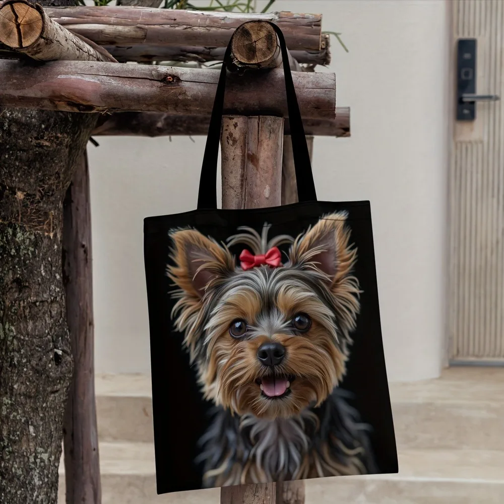 1 Stück schicke Einkaufstasche mit Hunde-Aufdruck, Polyester-Einkaufstasche mit bezauberndem Yorkie-Design, wiederverwendbar für Damen, lässige Schultertasche – Detail 8
