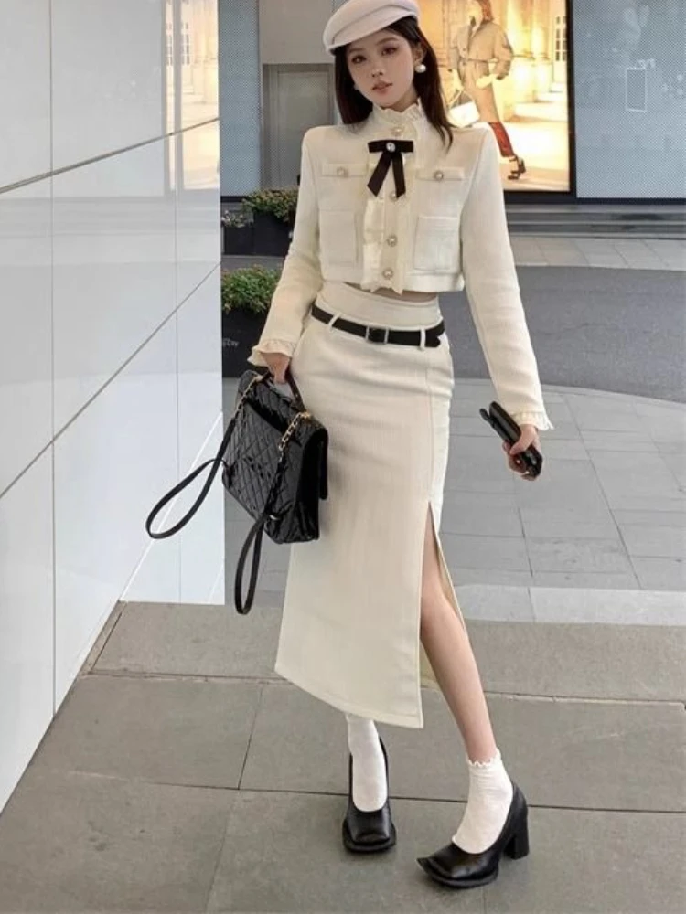 

Autumn Winter Elegant Vintage 2 Piece Set Women Fit Chic Jacket + High Waist Skirt French Fashion Retro Office Lady Outfit 2025