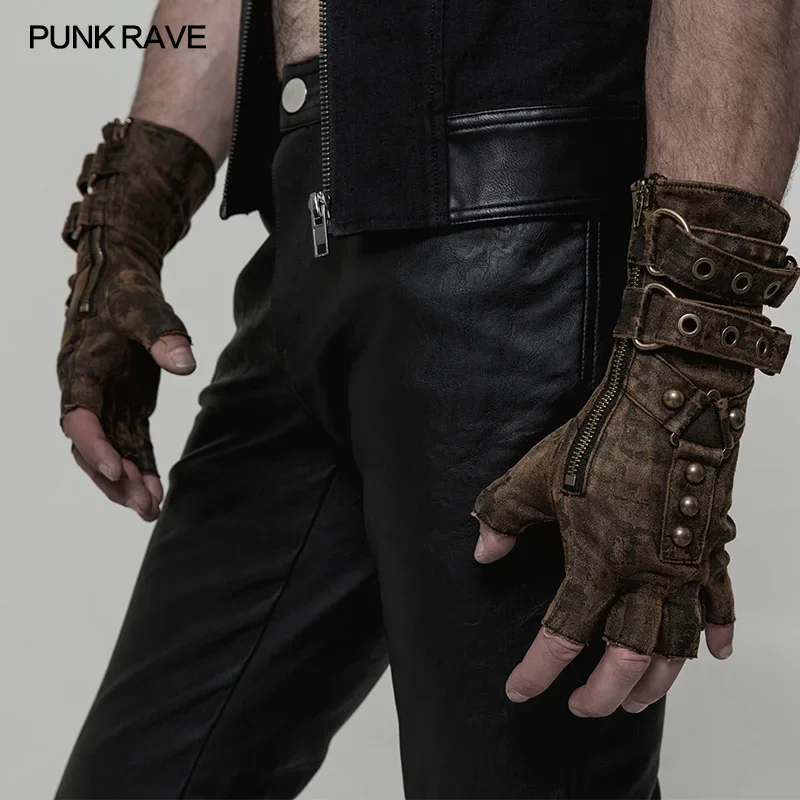 PUNK RAVR Steampunk hombres remaches guantes sin dedos inelástico PU estilo militar motocicleta un par militar gótico Dieselpunk guante