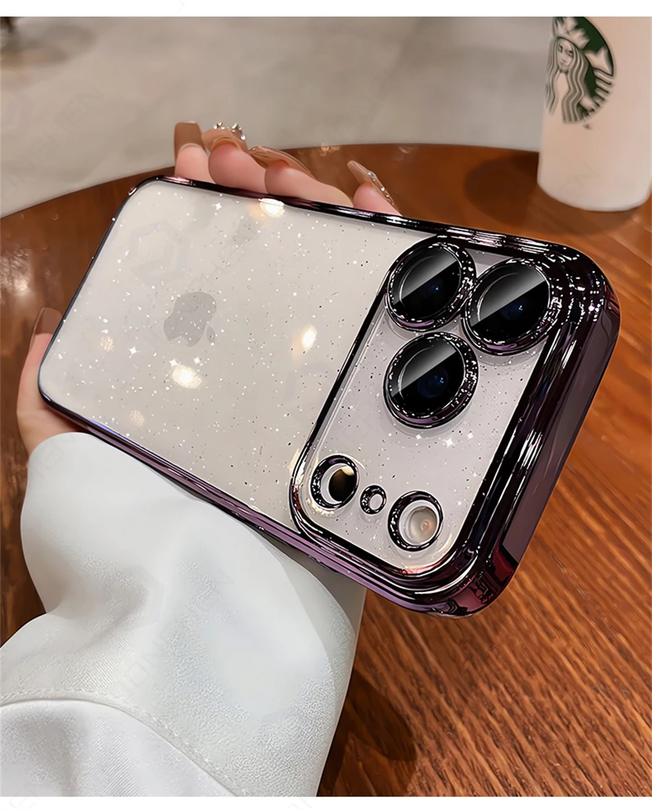 Luxuriöse Transparente Glitzer-Schutzhülle für iPhone 12 13 14 15 16 17 18 Pro Max mit Orangefarbener Beschichtung, Stoßfänger und Hartglas-Objektivabdeckung – Detail 16