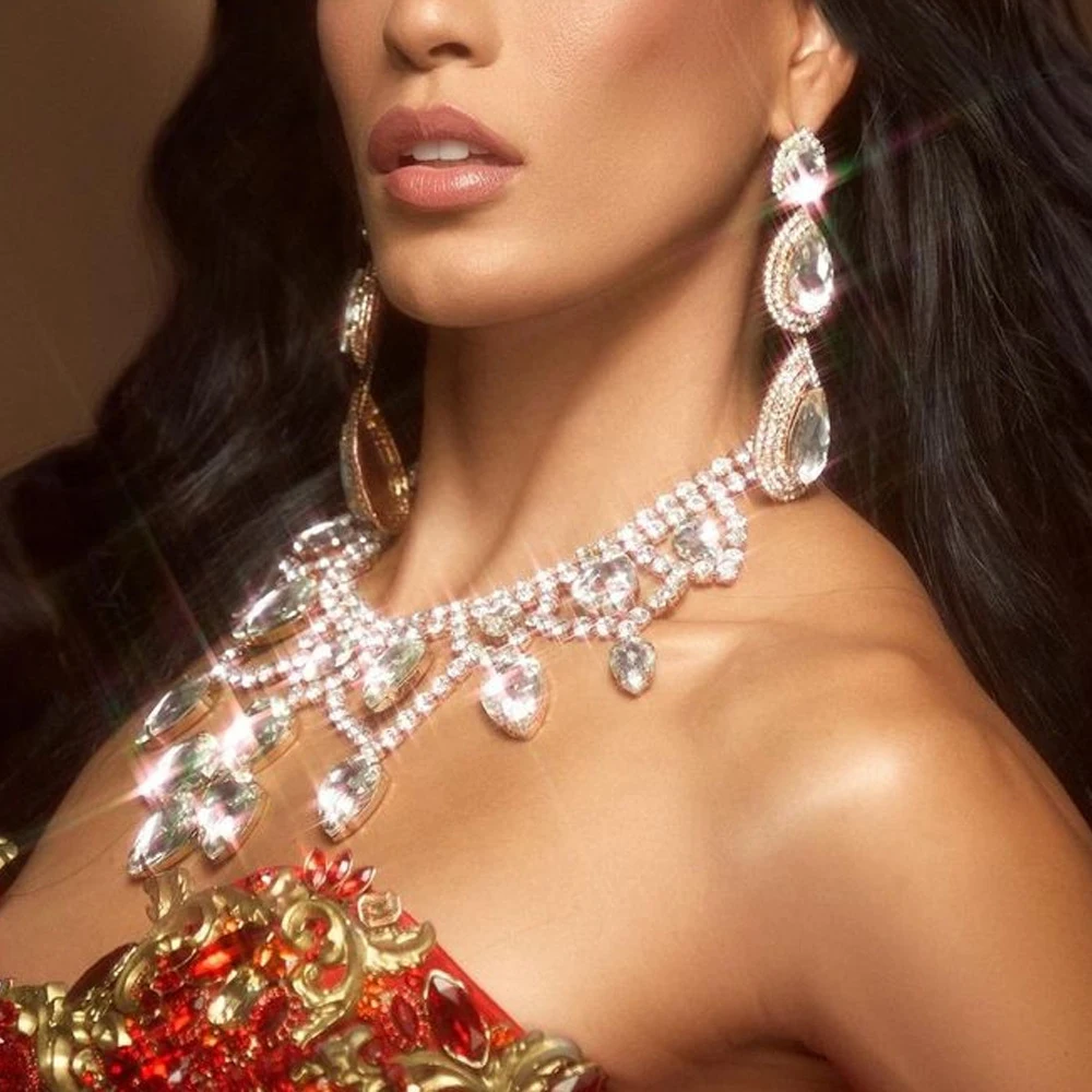 Statement Bridal Exaggerated Jewelry Set Wedding Accessories Drag Queen Large Drop Rhinestone Necklace Earrings Sets for Women
