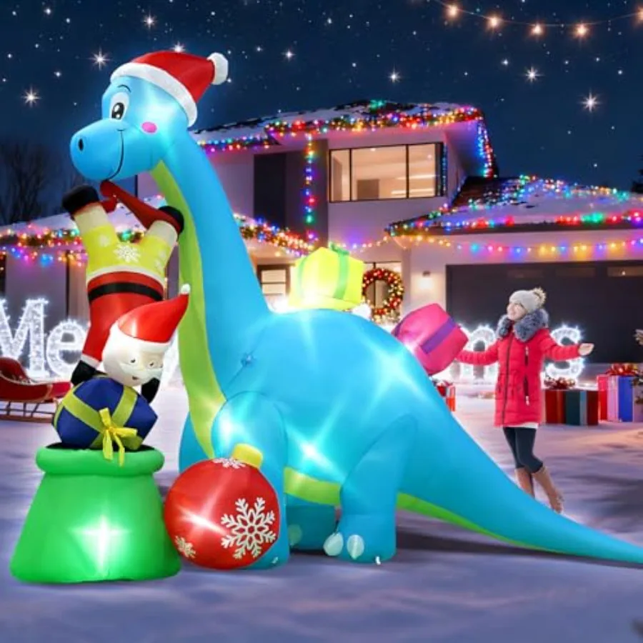 

Outdoor Christmas inflatable decoration: 12.5 FT dinosaur Santa with cornucopia, PVC material, red and green, built-in 8 LEDs f