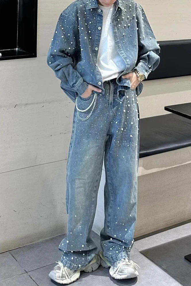 خريف جديد النمط الياباني الأصلي الدنيم قميص طويل الأكمام غسلها خمر اللؤلؤ الثقيلة التطريز حجر الراين سترة للجنسين #2