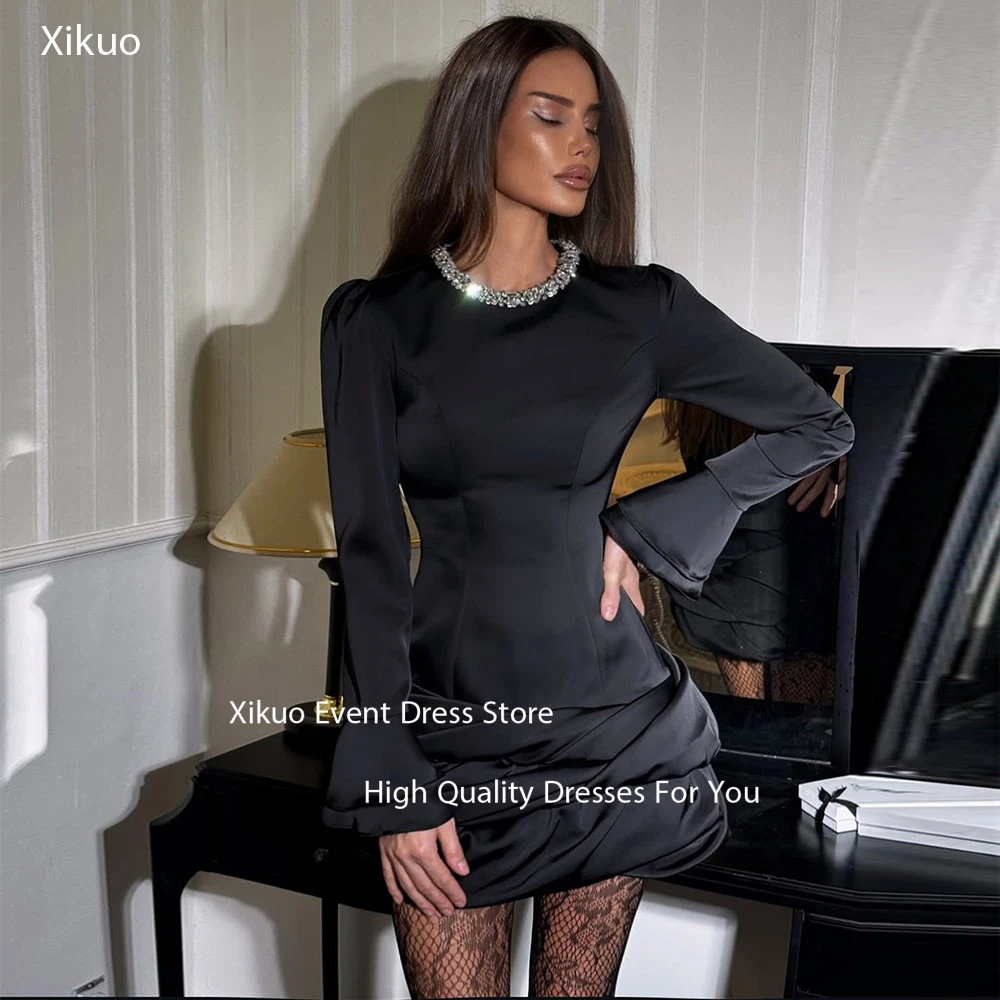 

Xikuo Satin Black Puffed Prom Dresses Sparkly Crystal Neckline Mini Formal Party Dress Long Sleeves Cocktail Dresses Customized