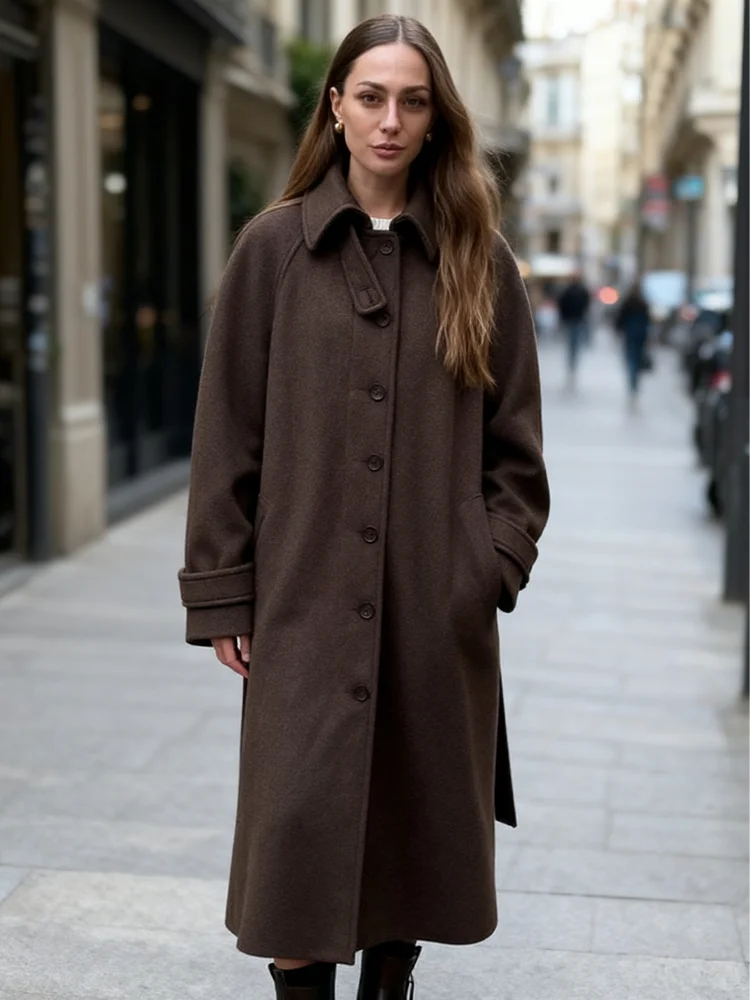 

Женское пальто на шнуровке с отложным воротником, однобортное женское шерстяное пальто с завязкой на талии, уличная куртка большого размера с погонами для женщин