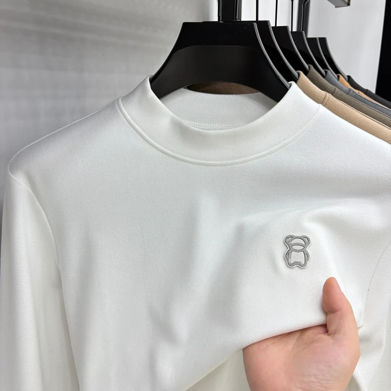

Designer Original Men's Mock Neck Long Sleeve Tee Soft Stretch Minimal Embroidery Base Layer Casual Business Autumn Winter Men's