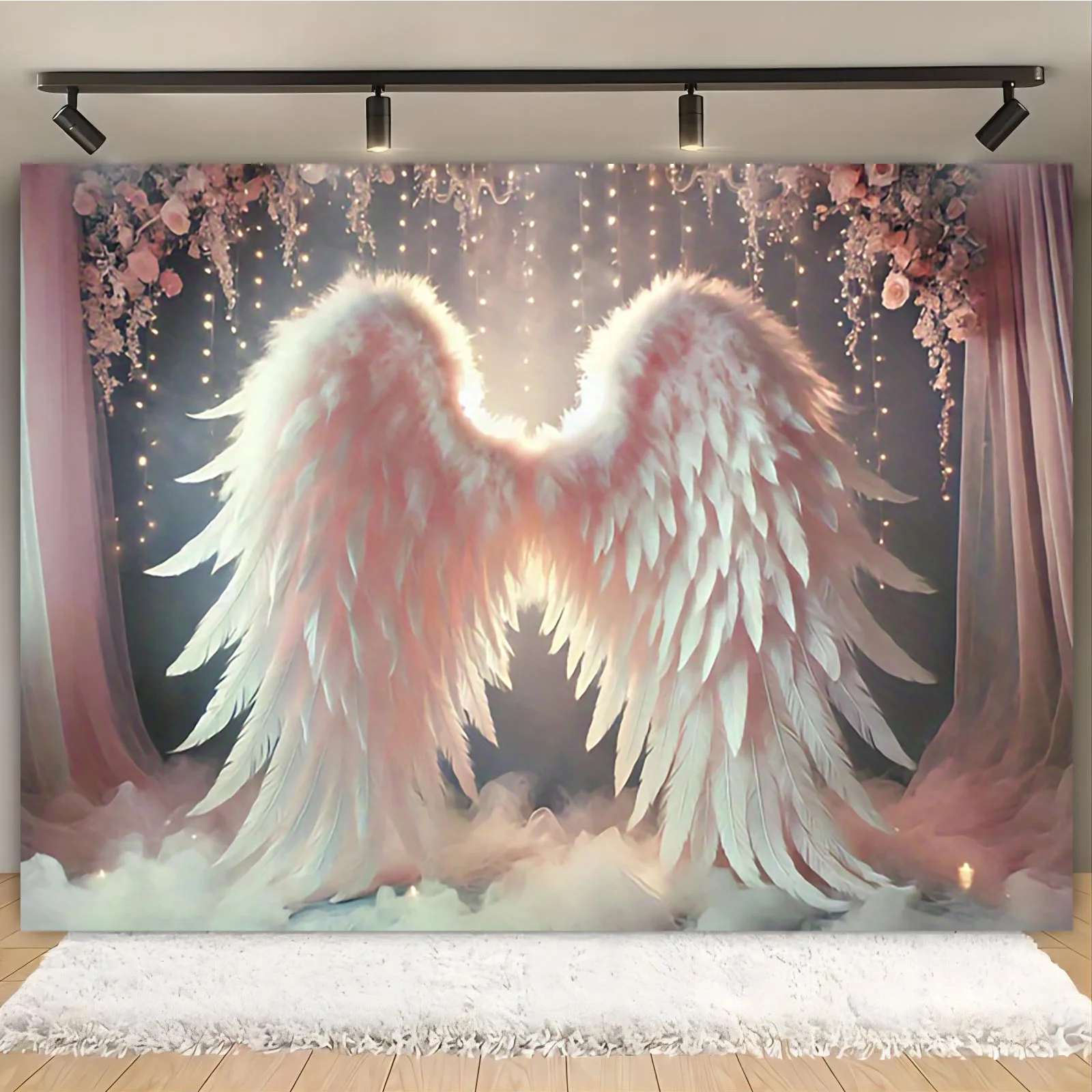 نسيج تصوير أجنحة الملاك الساحرة - نسيج بوليستر أبيض ووردي، فن جداري أنيق للمناسبات ذات الطابع الشخصي وحفلات الزفاف #3