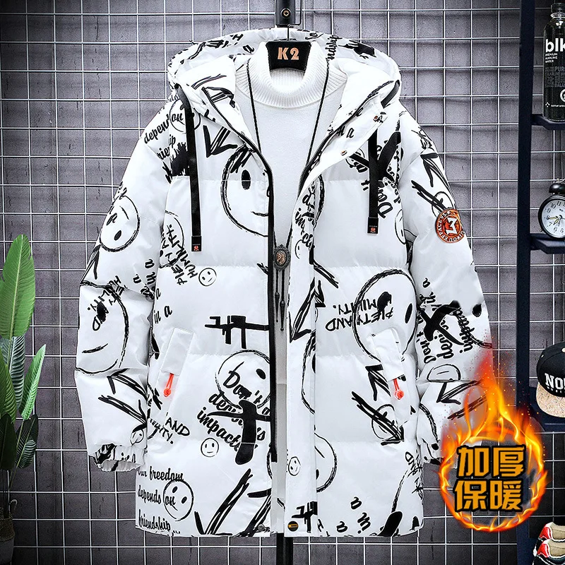 Medium and Long Down Cotton Padded Jacket Men's Winter New Cartoon Graffiti Cotton Padded Jacket Thickened Cotton Padded Jacket