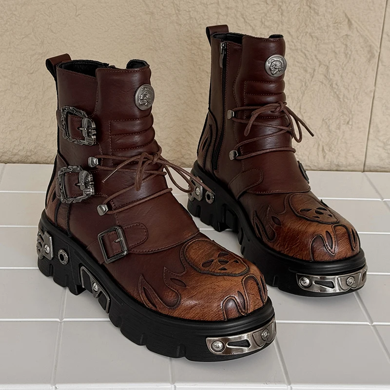 Men Height Increasing Punk Style Skeleton Flame Metal Buckle Thick Bottom High-end Cool  Fashionable Motorcycle Boots, view 2