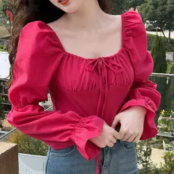 Flare Sleeve Blouses Women Gingham Holiday Summer Aesthetic Mujer Clothing Korean Style Basics Lady Daily Tender Y2k Casual 2023