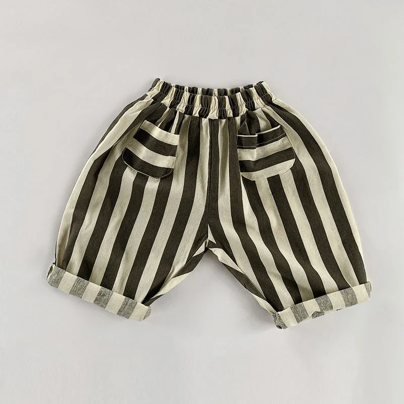 

Cotton Children's Personalized Striped Trousers 2023 Summer New Boys And Girls Simple Japanese Thin Casual Pants WTP139