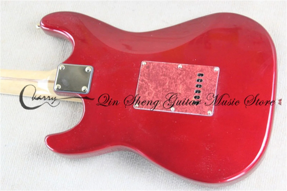 Stra guitar, metallic red electric guitar, gold fixed bridge, red pearl pickup pickguard, maple headstock