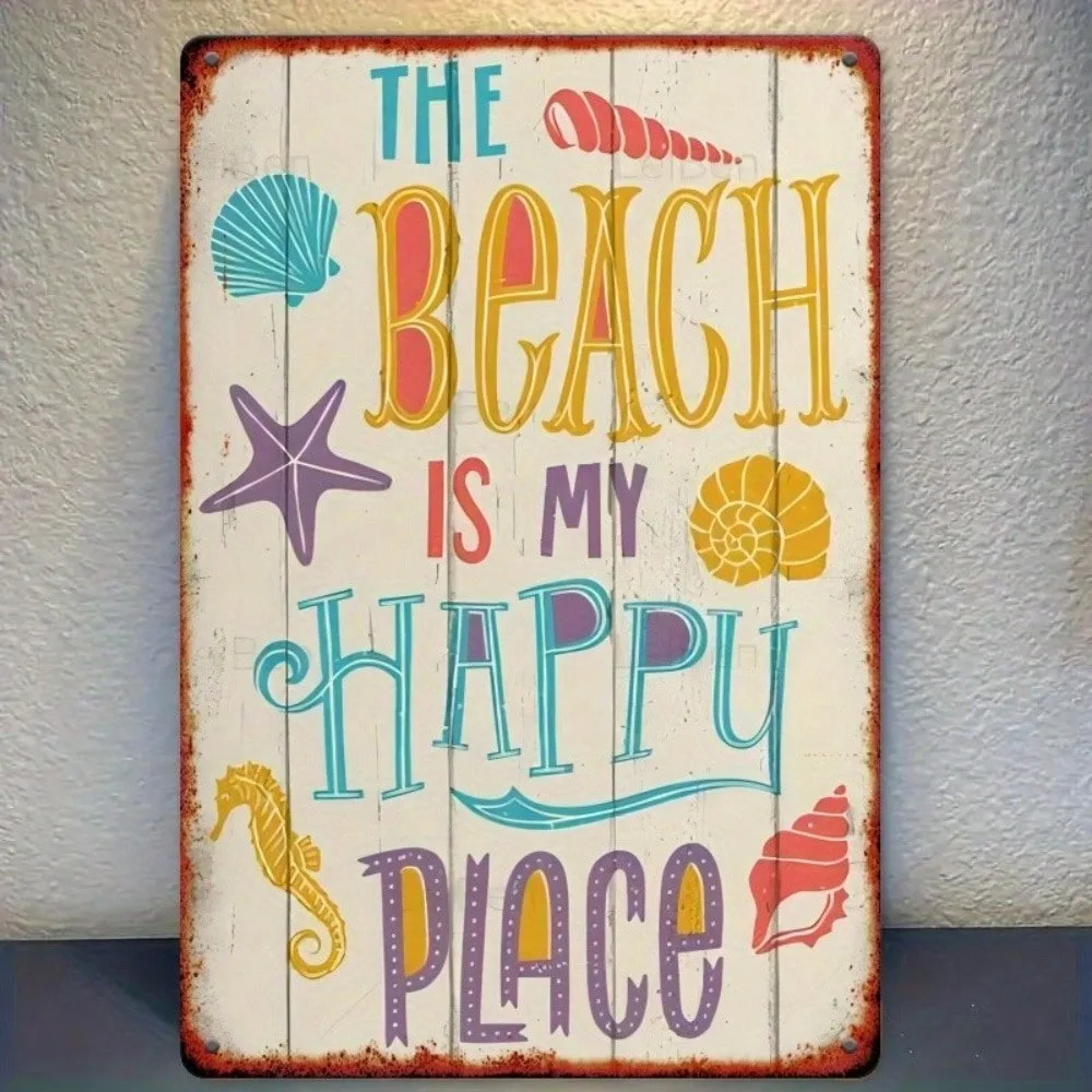 

Vibrant Art Deco Style Tin Sign for Ramadan 2026 & Valentine's - Retro "Beach Is My Happy Place" Coastal Wall Decor