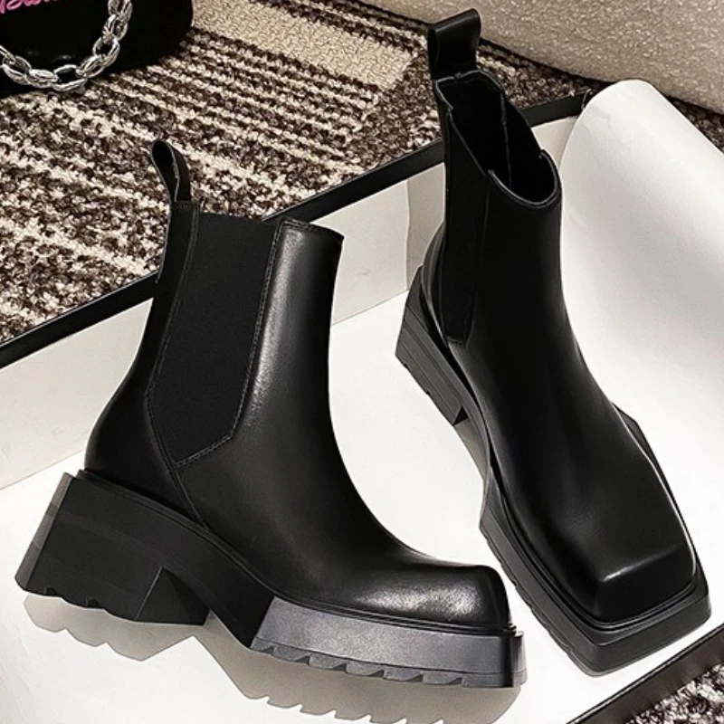 

Genuine Leather Women Nude Boots New Chunky Heel Chelsea Boots Square Toe High Heeled Short Botas Designer Fashion Women Boots